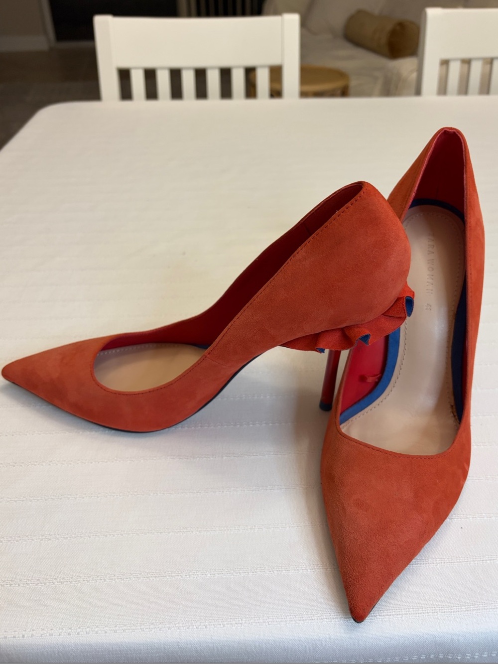 Zara Suede Pointed-Toe Pumps in Burnt Orange with Bow Detail
